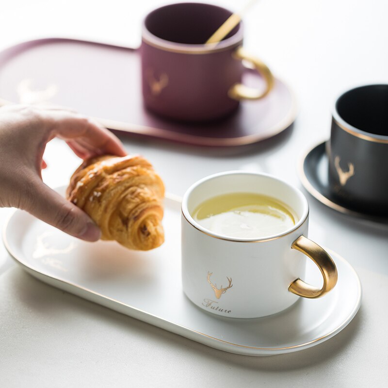 Gold Rim Ceramics Coffee Cups And Saucers Spoon Sets